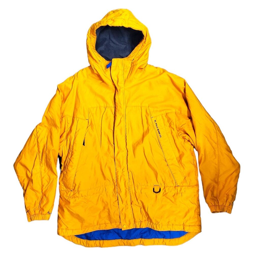 Vintage POLO RALPH LAUREN Jacket Adult XL Yellow Zip Up Parka Hooded Outdoor 90s